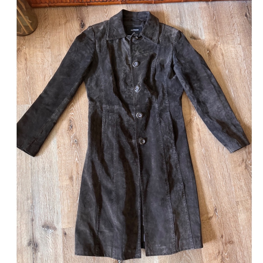 Vintage Express Brown Suede Leather Long Trench Coat Jacket Womens 5/6 90s Y2K